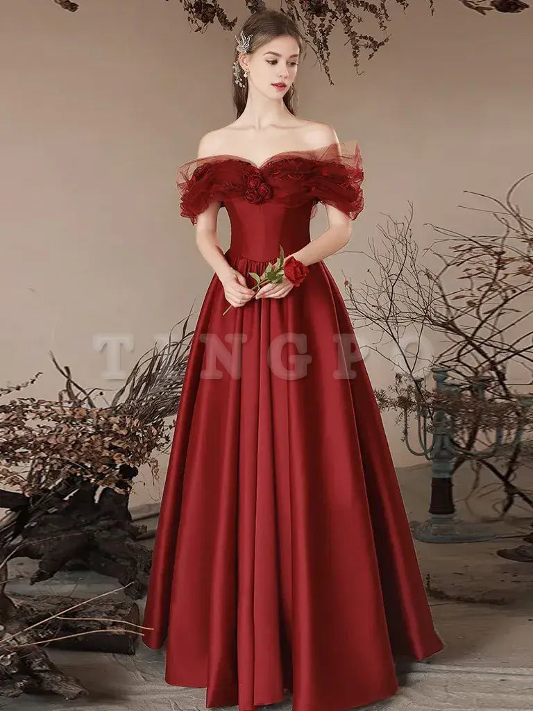 Wholesale A-Line Off Shoulder Satin Burgundy Long Prom Dress Burgundy Long Formal Dress gowns evening dresses